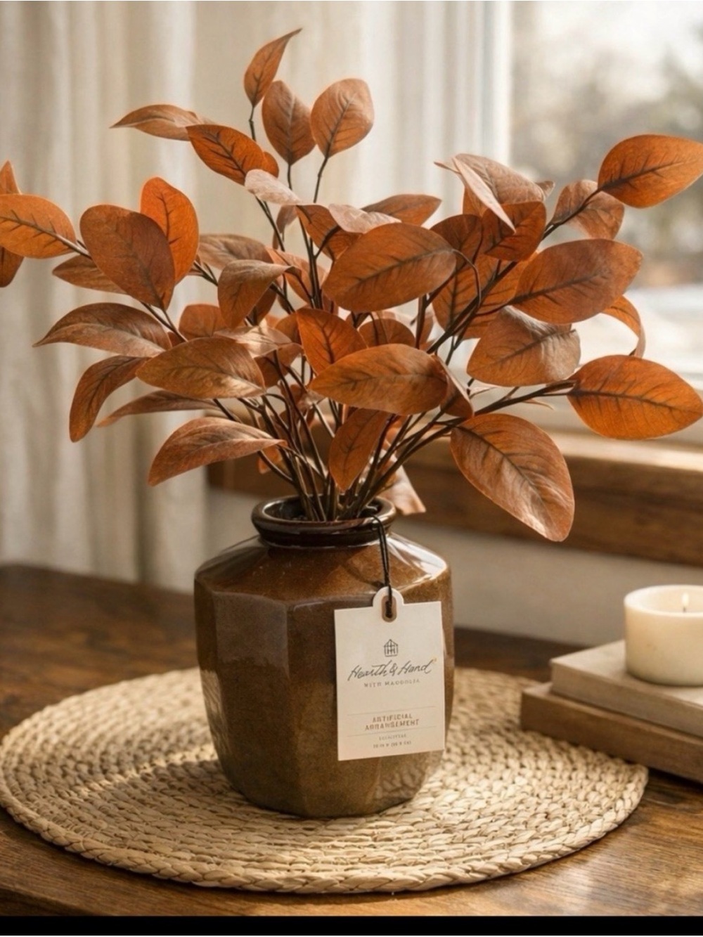 Hearth & Hand Magnolia Artificial Eucalyptus Arrangement Brown Vase  11”